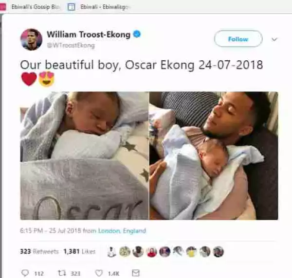 Super Eagles Player, Troost-Ekong, Welcomes Cute Baby Boy, Reveals His Face (Pics) 